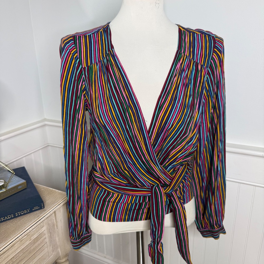 Maeve Anthropologie Multi Color Striped Wrap Top V-Neck Smocked Back Size 8